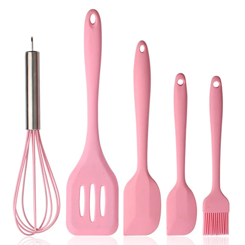 5Pcs Silicone Cooking Utensils Set Non-Stick Silicone Cake Spatula Cooking Shovel Whisk Oil Brush Flexible Kitchen Utensils Sets
