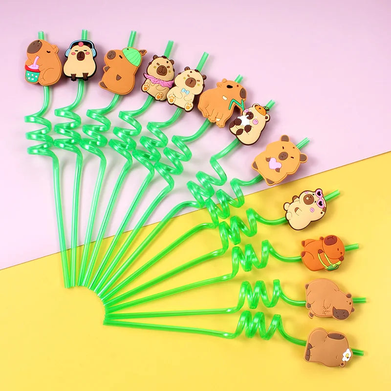 12pcs Cartoon Capybara Reusable Straws Durable PET Plastic, Fun Animal Designs for Kids Parties, Birthdays, Home Decor Supplies