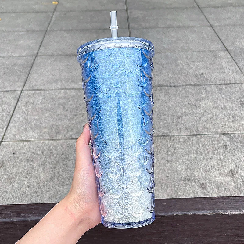 LUSQI 710ml Water Bottles With Straw Large Capacity Reusable - Creative Fish Scale Devise Plastic Drinking Cup