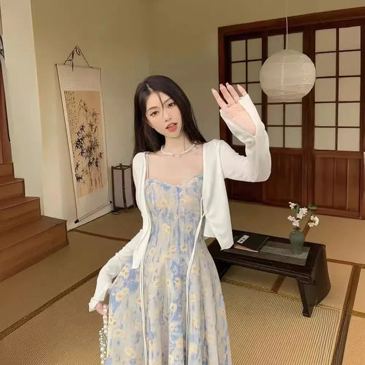 Elegant French Blue Oil Painting Fragrant Tank Dress For Women Spring Summer New Waist-Fitted Sweet Fairy Long Dress