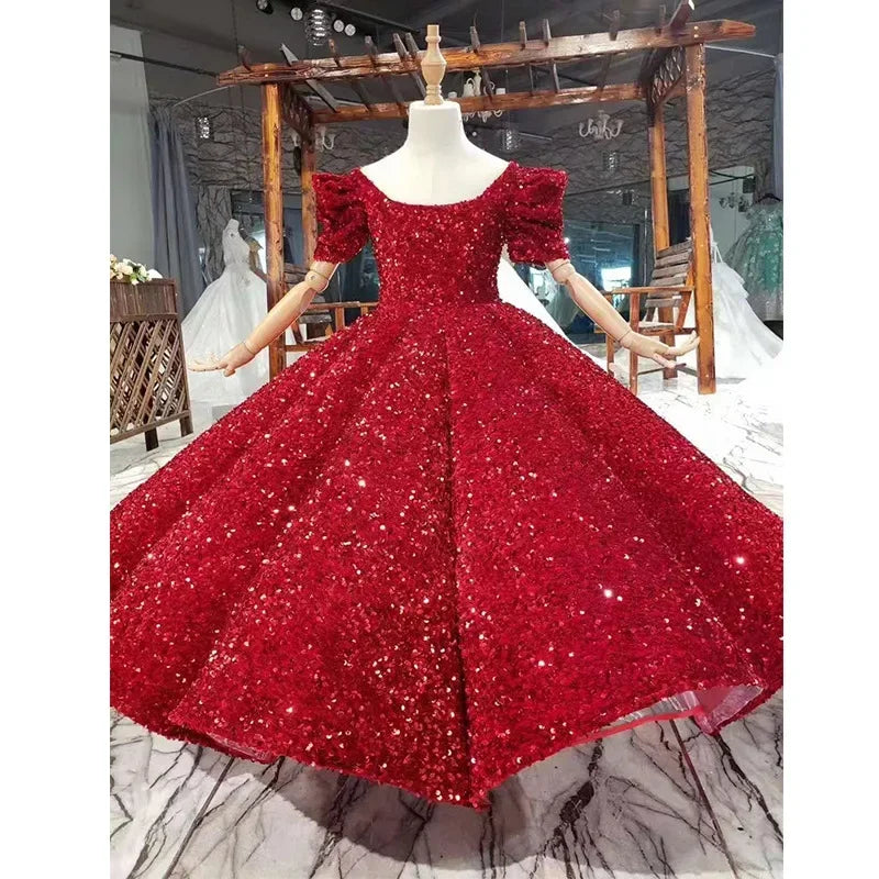 Children's Catwalk Dress Princess Dress New Fluffy Yarn Foreign Style Little Host Piano Performance Sequined Children's Dress