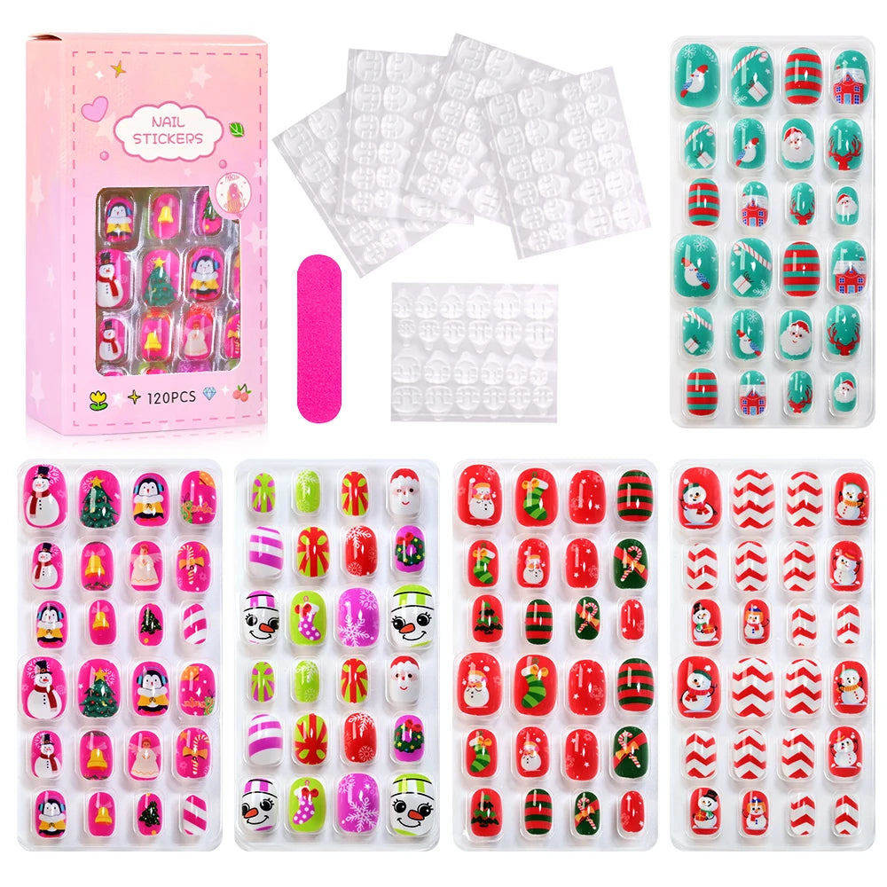 120pc/Box Kid's Christmas Press On Nails Kawaii Cartoon Santa Snowman Xmas Tree Full Cover Acrylic False Nail Kid Christmas gift