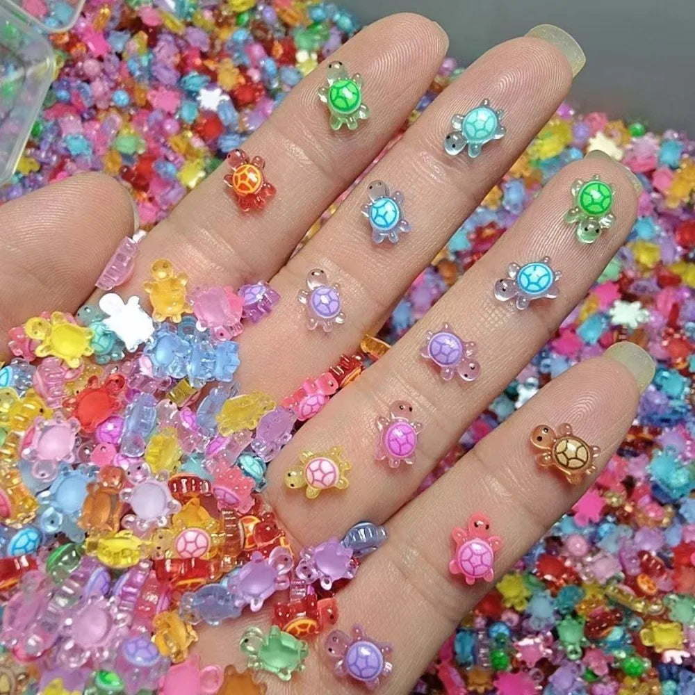 100Pcs Cartoon 3D Luminous Turtle Night Glow DIY Miniature Figurines Dopamine Colored Mini Turtle Nail Charms