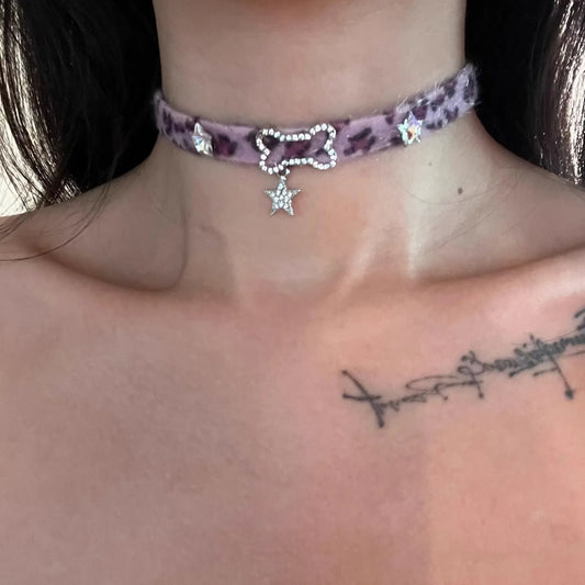 Japanese Y2K Choker Plush Leopard Bone Necklace Fashion Star Pendant Necklace Spicy Girl Sweet Cool Harajuku Party Jewelry Gift
