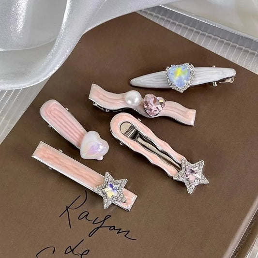 5Pcs/Set Trendy Sweet Galaxy Pink Hair Clips Cool Shiny Heart Shape Hairpins Star Pentagram Rhinestone Barrettes Women Girls