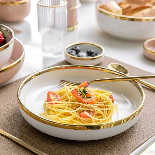 Ceramic Plates Bowls Gilt Rim White Porcelain Dinner Tray Kitchen Plates Ceramic Tableware Food Dishes Rice Salad Noodles Bowl