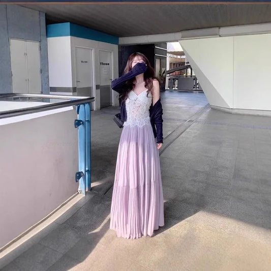 Sweet Purple Pleated High Waist A- Line Long Skirt Women's Fashion Spring Summer New Style Slimming Hip Covering Half-length S..