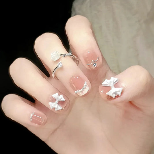 24Pcs/Set Pink Bow French Fake Nails Art Cute with Diamonds Girls Reusable Ballet Press on Nail Tips Oval Acrylic Stick on Nails