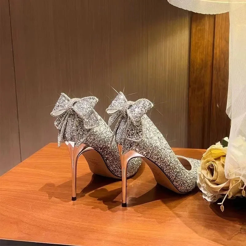 French Wedding Shoes Crystal Butterfly Knot Pointed Toe High Heels Sparkling Maids of Honor Single Shoes Spring Autumn New Style