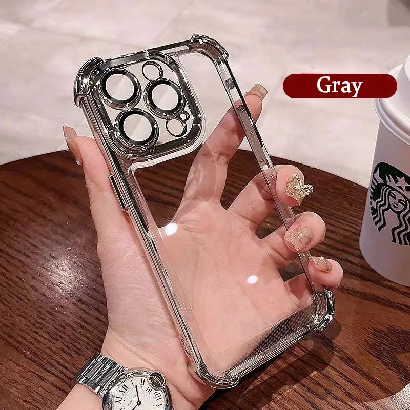 Luxury Plating Shockproof Silicone Phone Case For iPhone 16 15 14 Plus 13 12 11 Pro Max Lens Protect Case Transparent Back Cover