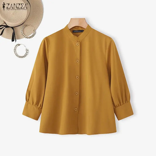 Women Blouse 2026 ZANZEA Elegant OL Shirts 3/4 Puff Sleeve Solid Fashion Casual Work Office Lady Blusas Female Streetwear Blusas