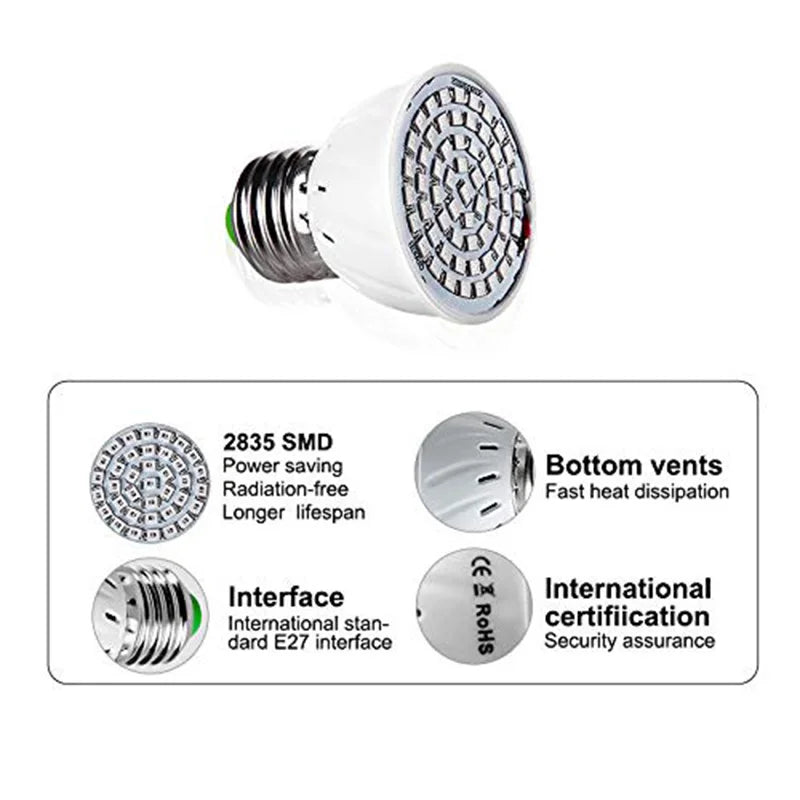 LED Grow Light Bulb E27 220V Full Spectrum 60/80LED Plant Lamp for Indoor Garden Seedling Greenhouse Hydroponics Grow Tent