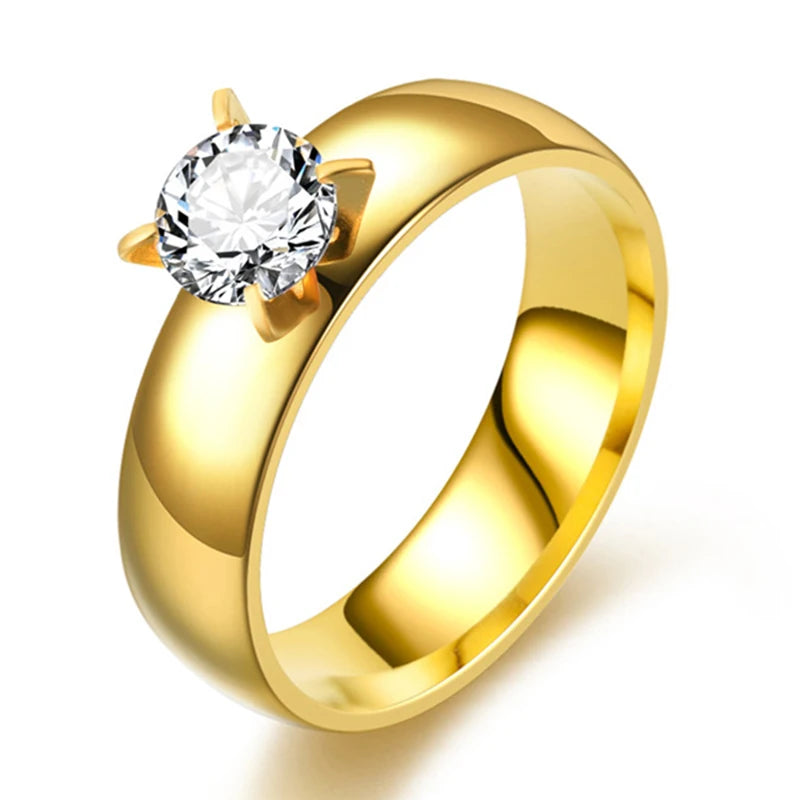 6mm Light Zircon CZ gold color Stainless Steel finger rings men women jewelry wholesale lots
