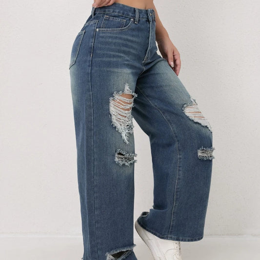 Autumn and Winter Trendy High-waisted Ripped Loose Wide-leg Straight-leg Jeans for Women Casual Fashionable and Versatile