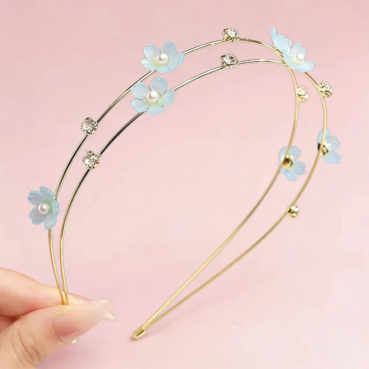 New Double Layer Metal Hairband Flower Pearl Headband for Women Headwear Shiny Rhinestone Hair Band Hoop Hair Accessories