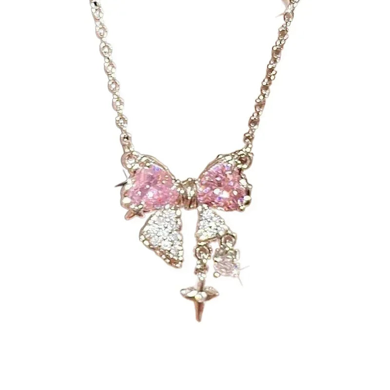 Fashion Fairy Pink Crystal Bow Knot Pendant Necklaces Y2K Girls Sweet Rhinestone Heart Clavicle Chain Women Jewelry Gifts