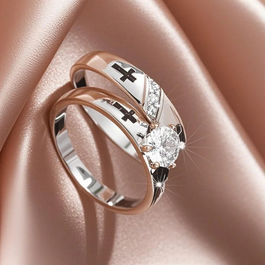 2pcs Luxury Geometric Elegant Cross Couples Ring for Women Wedding Men Engagement Party Jewelry Accessories