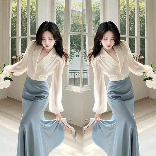 New High End Fashion Two Piece Set Women Elegant Satin Lapel Puff Long Sleeve Shirt + High Waist A-line Skirt Office Lady Suit