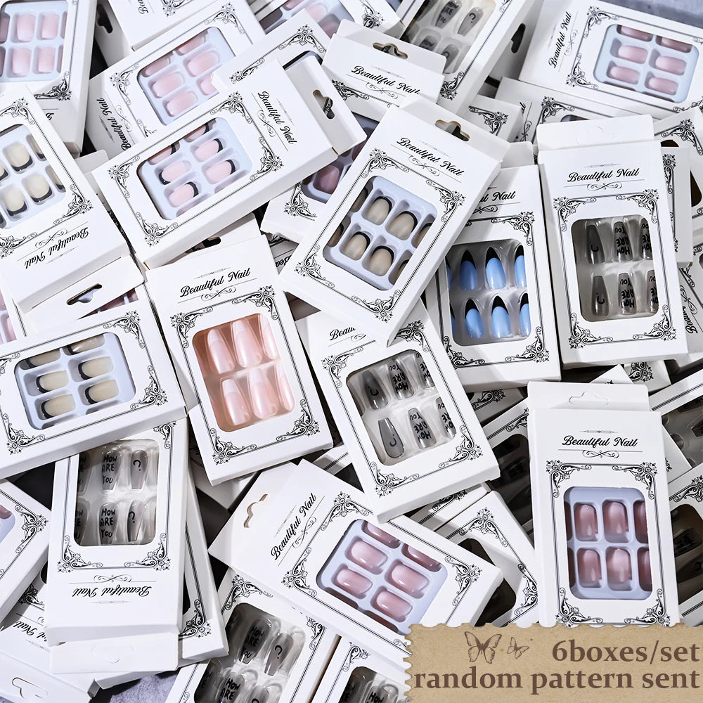 144pcs Random Pink French Fake Nails Set Mixed Short Square Medium Almond Design Press On Nails Glossy Nail Patch for Girl Women