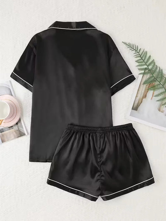 Summer Comfortable Sleepwear Relaxed Fit Solid Satin Women's Casual Pajama Set, Short Sleeve Buttons Lapel Top & Shorts