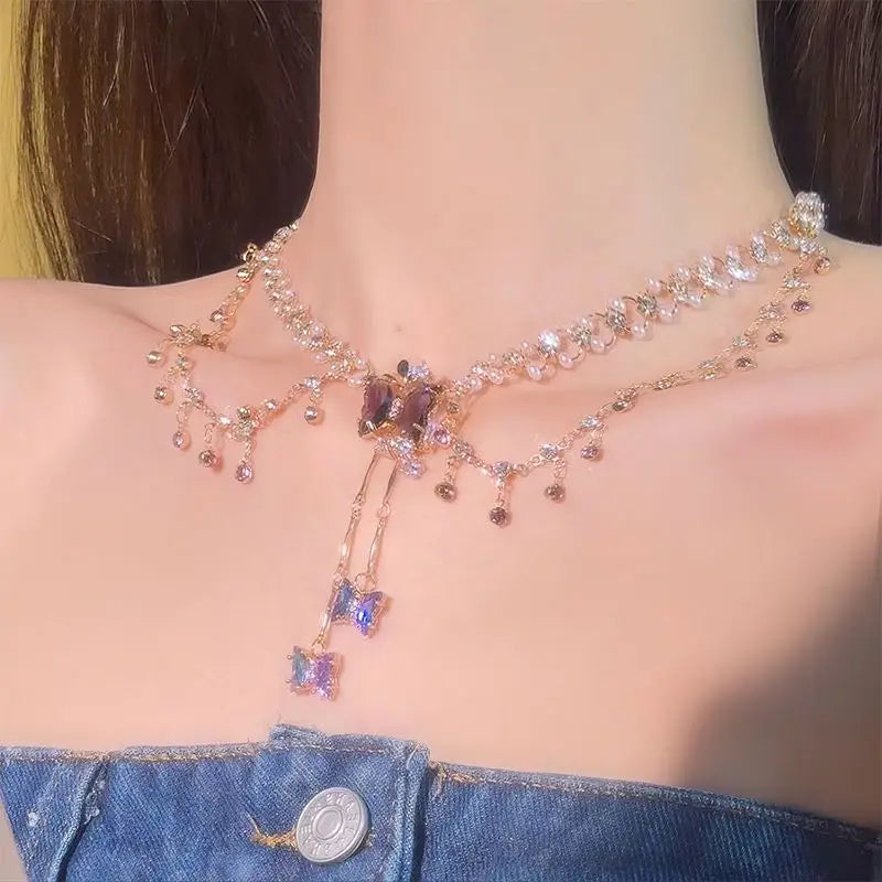 Multi-layered Copper Alloy Crystal Necklace Women Hanfu Accessories Sexy Golden Collarbone Necklace Birthday Gift For Women