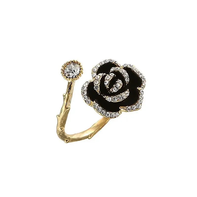 Korean Black Rose Shaped Metal Opening Rings for Woman Girls Fashion Luxury Zircon Adjustable Index Finger Rings Jewelry Party