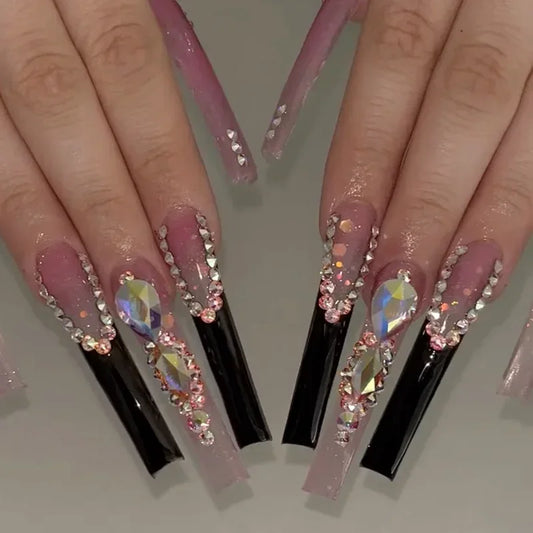 Customized Bling Rhinestone XXXL Press On Nails Handmade Luxury 5CM Long Coffin Stiletto False Nail Tip Reusable Fake Nail Party