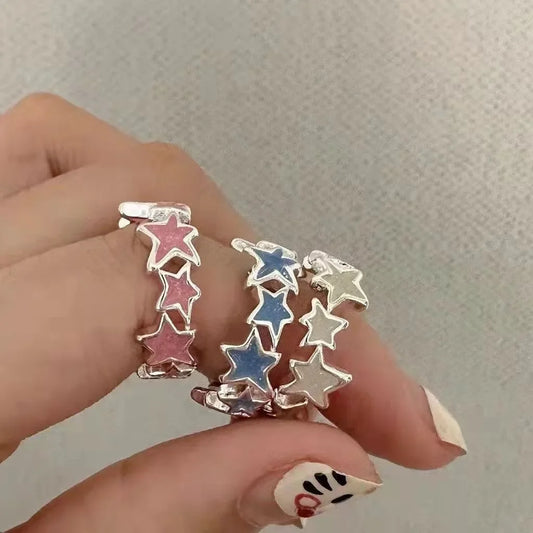 Y2k Irregular Pink Stars Rings Sweet Girls Cute Opening Adjustable Ring Korean Enamel Blue Star Paired Rings Aesthetics Jewelry