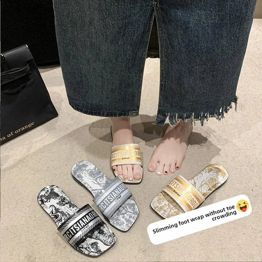 New Summer Flat Bottom Sandals Women's Outdoor Wear Sparkling Diamond One-Strap Fairy Style Sandals Trendy Ins Flat Sandals
