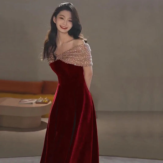 DongCMY Vestidos De Novia-f-Spring Burgundy One-shoulder Evening Gown For Women Wedding Dress Elegant And Pretty Dresses