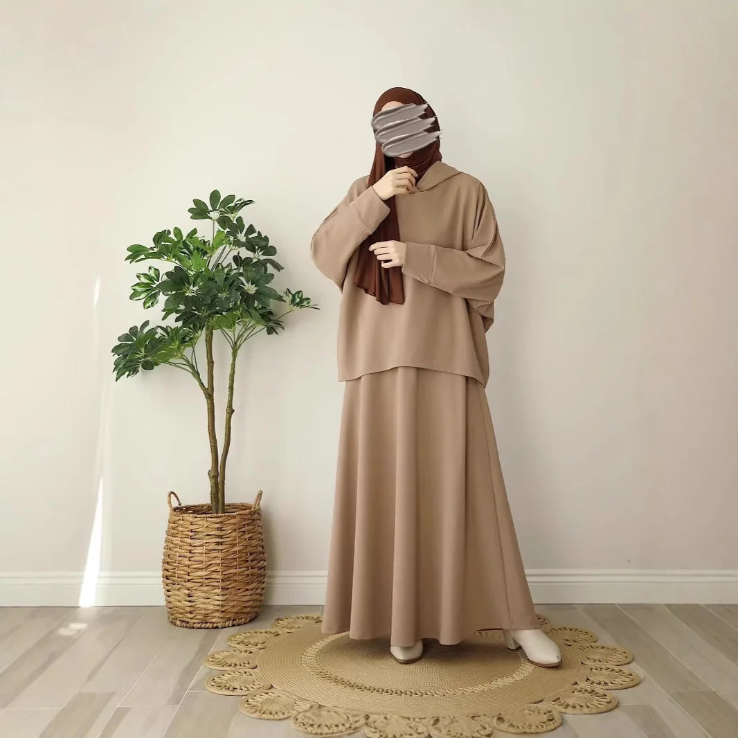 2pcs Knit Muslim Sets Womem Jilbab Casual Abaya Hooded Tops+Skirts Suits 2 Piece Hijab Set Kaftan 2026 Ramadan Eid Islam Clothes