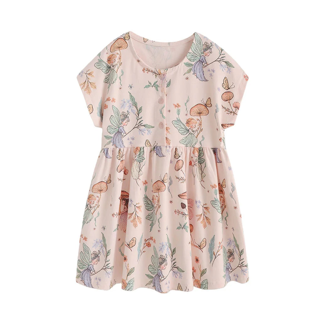 3-8T Summer Girls Dresses Rabbits Printed Buttons Short Sleeve Party Birthday Frocks Children's Costume Baby Dresses
