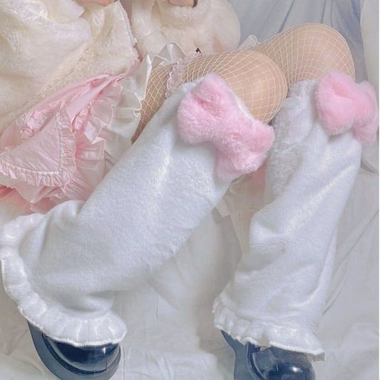 Sweet Bow Tie Leg Warmers Kawaii Japanese Plush Fur Leg Winter Warm Y2K Leg Covers Harajuku Bow Boot Cuffs JK Lolita Socks