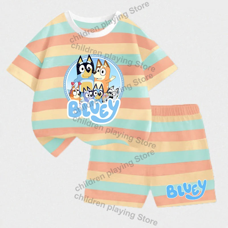 Blueyi Series Child Stripes Sets Summer Girls Boys T-Shirt Shorts Suits Cartoon Bingo Casual Sport Clothes Kids Sleepwear Gifts