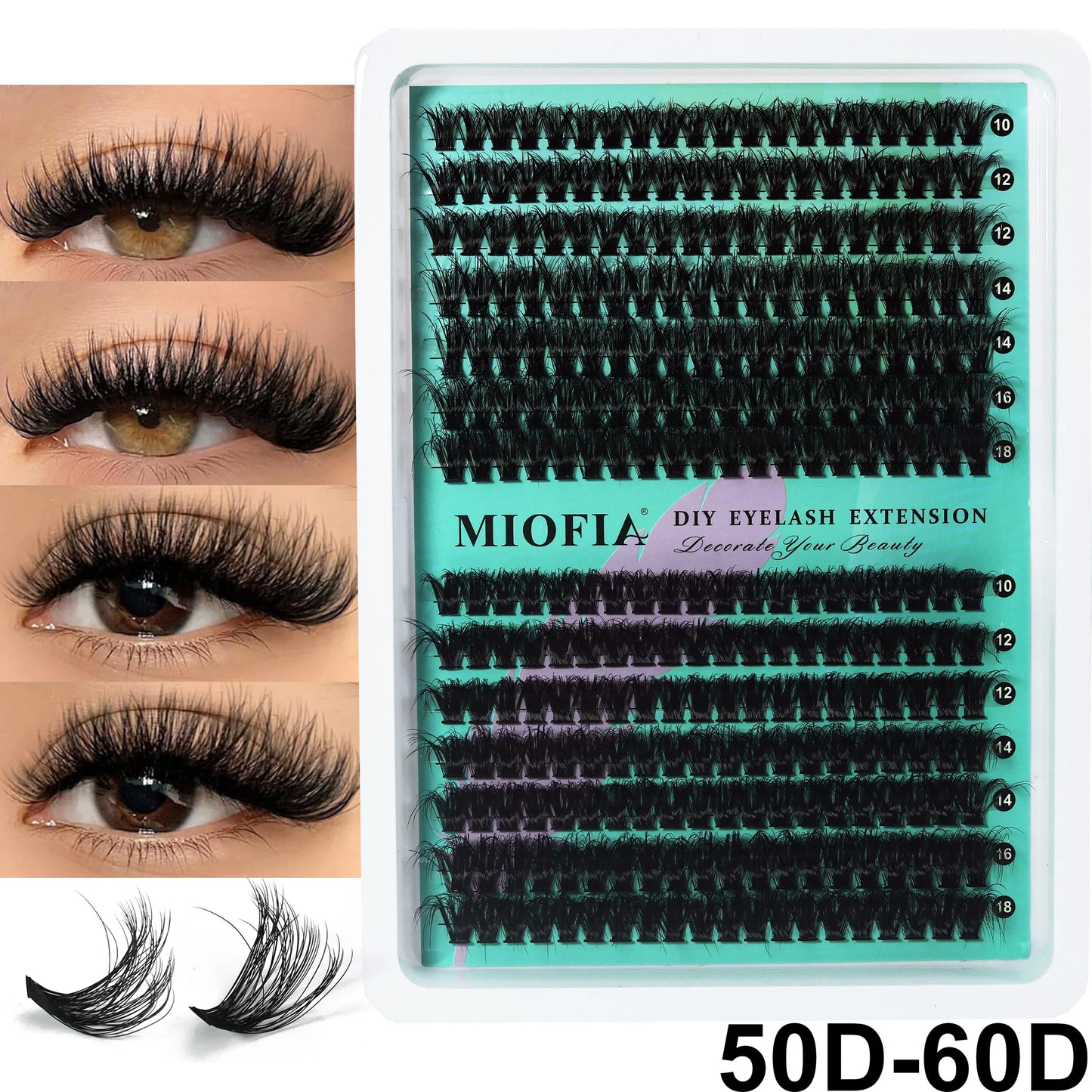 MIOFIA Lashes Cluster Natural Fluffy Volume Individual Eyelash 60D 80D 100D Thick Cat Eye Lashes Mixed Tray DIY Lash Extension