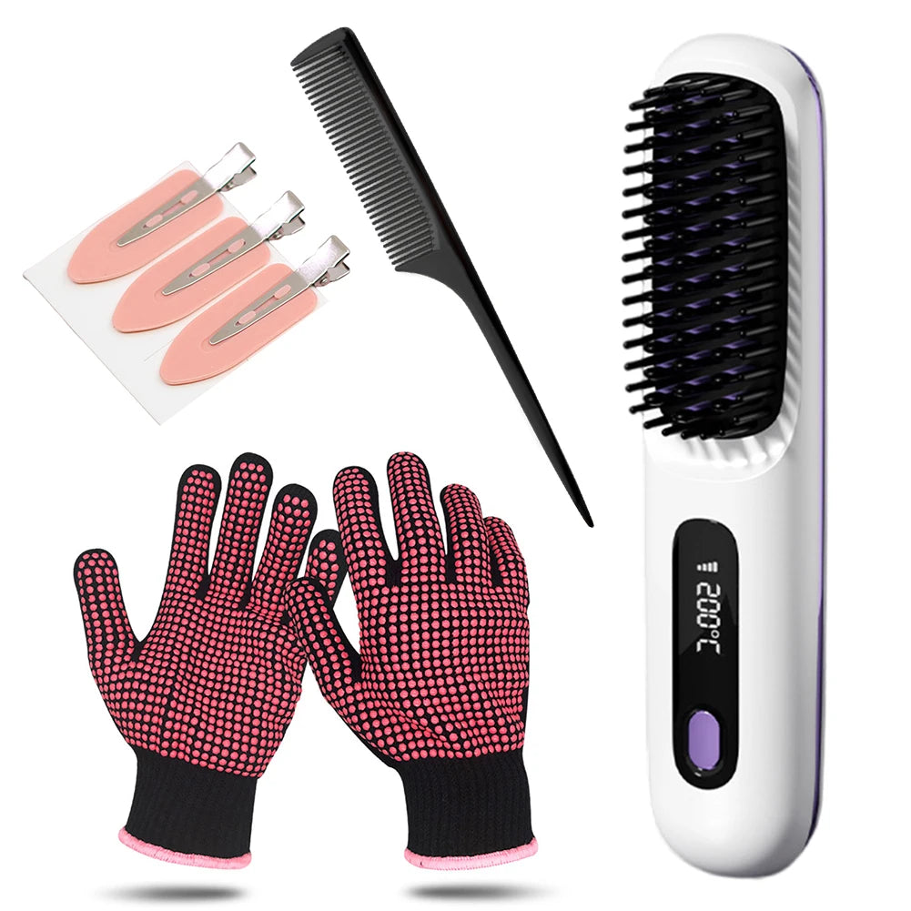 Portable Straightener Brush Cordless Hair Straightener Brush 3Setting Temperature Rechargeable Ceramic Hot Comb Brush for Travel