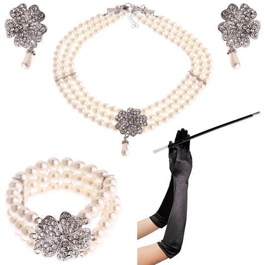 1920s 1950s Women Fashion Jewelry Gatsby Cosplay Accessory Set Pearl Necklace Earring Glove Cigarette Holder Audrey Hepburn