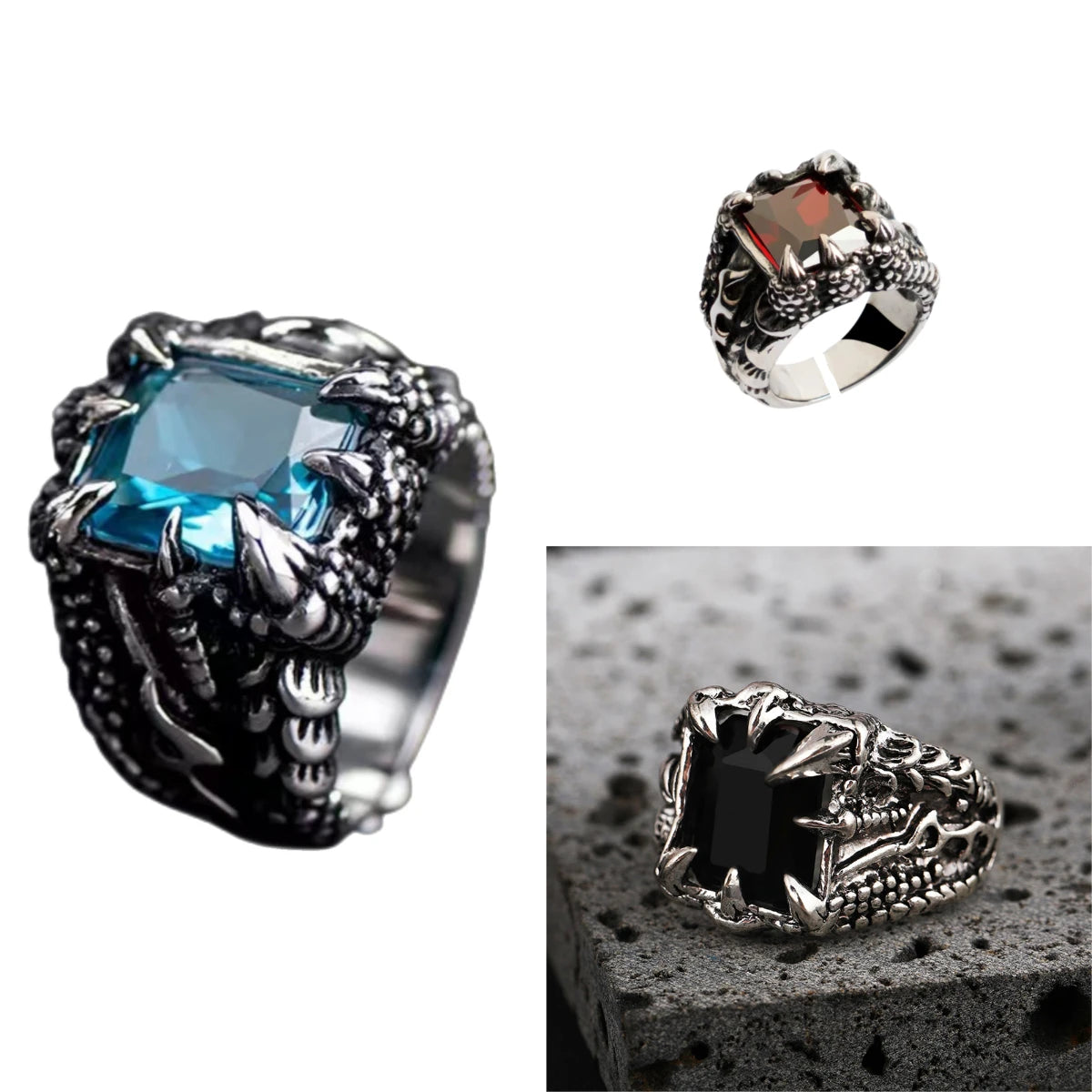 1Pc Gothic Blue and Red Crystal Evil Demon Dragon Claw Ring for Men Gram Biker Punk Rock Hip Hop Cool Jewelry Accessories кольца