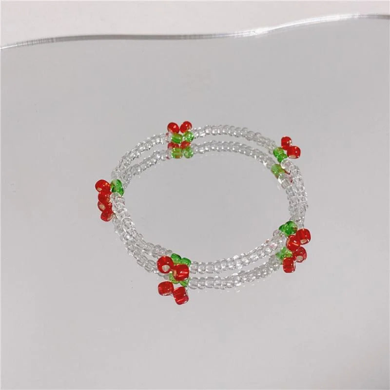 1PC Summer Niche Fresh White Crystal Beaded Bracelet Hand-woven Stylish Simplicity Cherry Bracelet Jewelry Girls Party Gifts