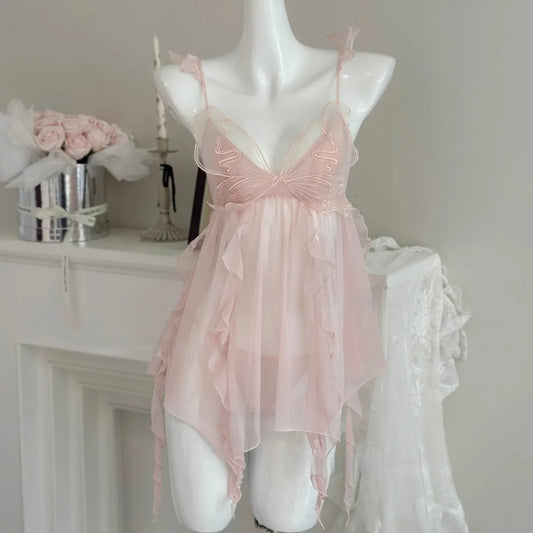 Pure Desire Butterfly Strap Lace Nightgown Breathable Mesh Sleepwear Sweet Tulle Date Night Sleep Suit Comfortable V-neck Sho...