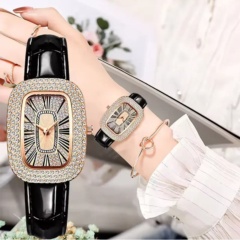 Trendy and fashionable women's leather strap watch with diamond inlay, water diamond wine barrel, women's quartz watch