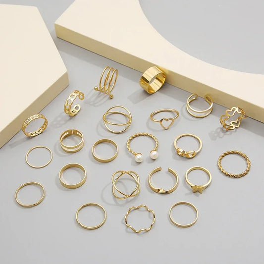22pcs Set Vintage Hollow Heart Butterfly Rings Set For Women Metal Silver Color Geometric Spiral Shape Ring rendy Jewelry