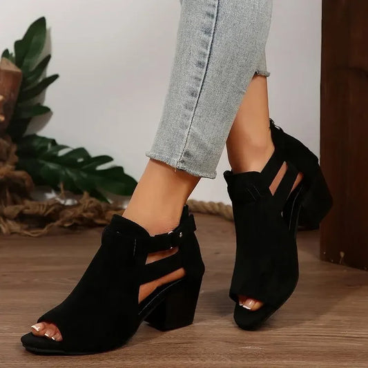 Jutty New Embroidered Rivet Large Size Thick Heel Women's Sandals High Heel Sandals Women round Toe Other Types of Heels
