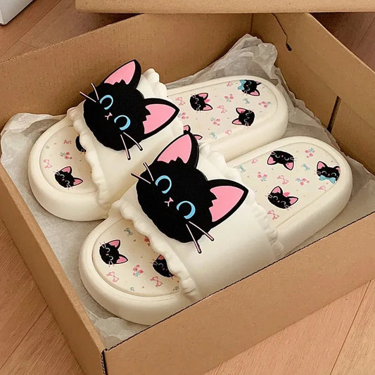 Summer Fashion Women's Slippers Cute Little Black Cat Sandals Soft Bottom Home Wear Couples Slippers PVC Material