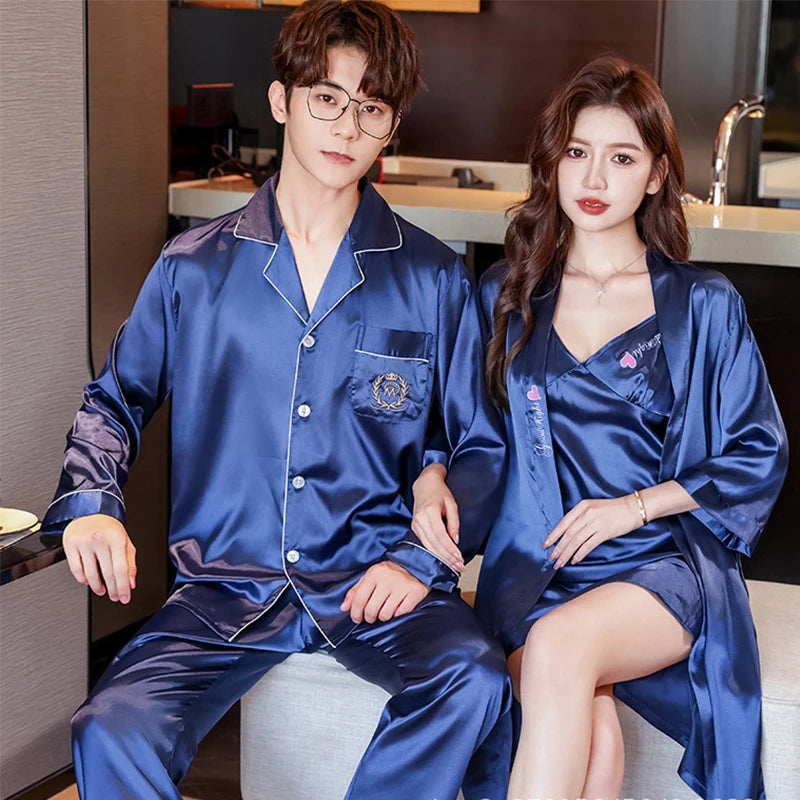 Couple Pajamas Set Women Silk Sexy Nightdress Nightgown Two-Pieces Summer Men's Long-Sleeved Long Pant Home Wear Bridesmaid Robe