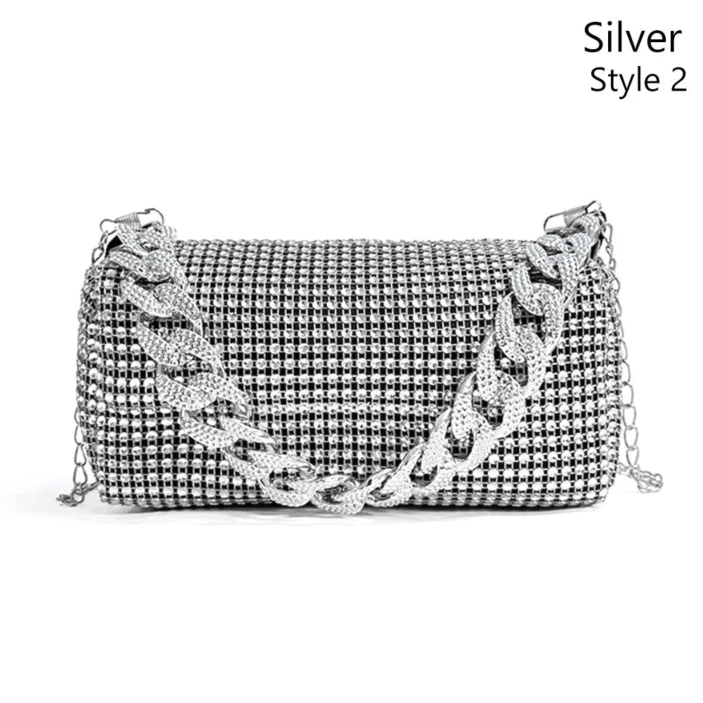 All Diamond Design Shoulder Bag Personalized Color Sparkling Bucket Bag Thick Chain Wedding Accessory Underarm Bag