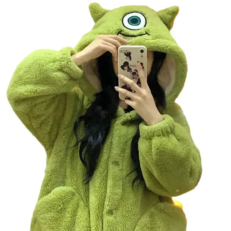 Thick Coral Fleece Pajama Set Cute Big Eyes Character Home Wear Winter Comfortable Sleepwear Outerwear Suitable for All Genders