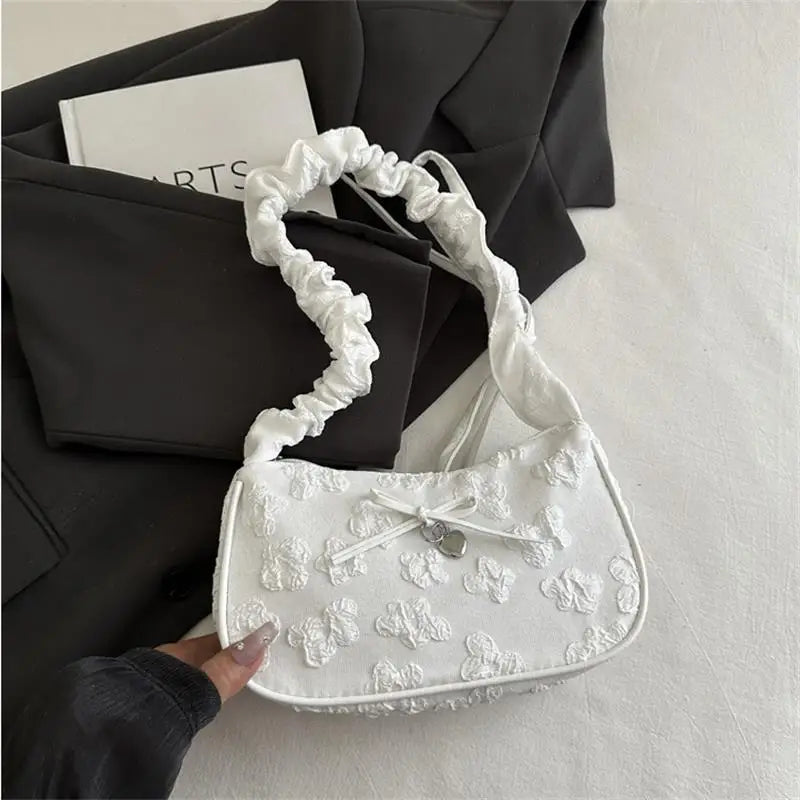 Chic Crescent Bag for Women with Bow Floral Print Pleated Design Trendy Crossbody Bag Sweet Girl's Luxurious Commuter Handbag