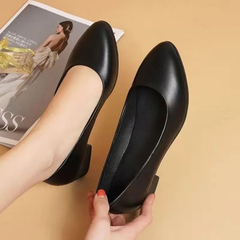 2025 New Arrival Women's Low-Heel Pumps Black Genuine Leather Formal Shoes Slip-On Commuter Comfortable Mid-Heel