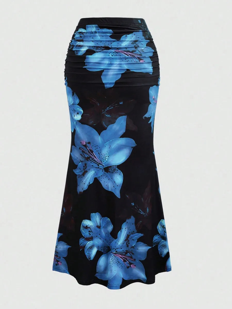 Women's Pleated A-Line Skirt Vintage Flower Printed Ruched Bodycon Skirts Summer Leisure Vacation Long Skirt